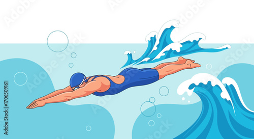 Energetic Swimmer Diving Into The Blue Water Creating A Splash Illustration