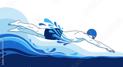 Energetic Swimmer Gliding Through Water with Dynamic Waves and Stylish Blue Tones