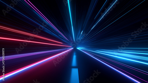 Futuristic neon tunnel with glowing lines converging to infinity, cyberpunk aesthetic, high contrast