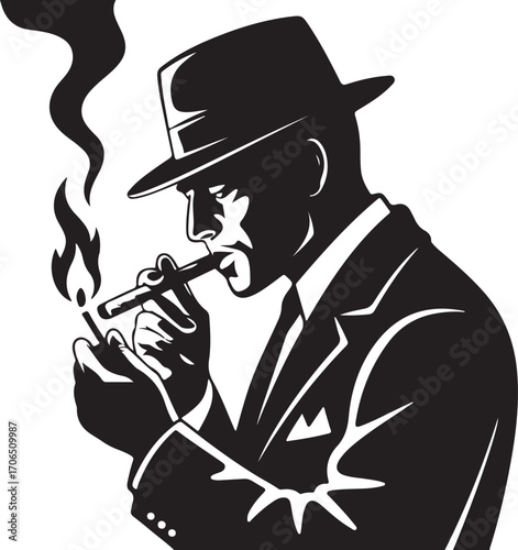 Silhouette of a man in a suit and fedora lighting a cigar with a match vector illustration