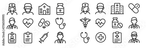 Medical icons representing healthcare roles, tools, and symbols in a simple black and white style