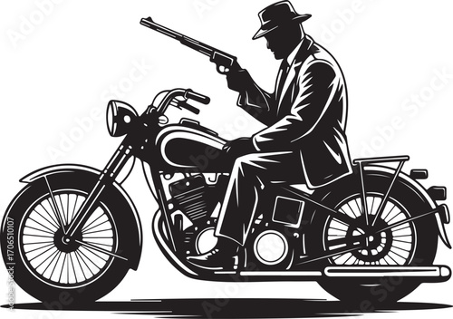 Silhouette of a man in a suit and fedora riding a motorcycle holding a rifle vector illustration