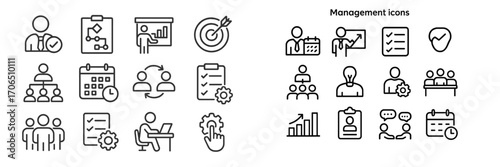 Collection of management icons illustrating teamwork, planning, and performance metrics in a minimalist design