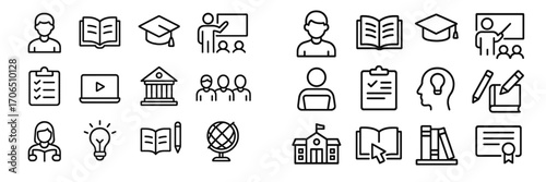 Icons representing education and learning activities in a classroom setting during daytime