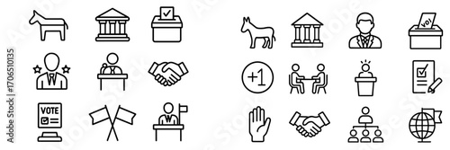 Collection of icons illustrating various aspects of voting, elections, and civic engagement in a democratic process