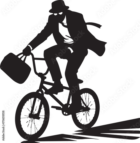Silhouette of a man in a suit and fedora riding aBMX bike with a briefcase vector illustration