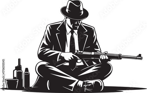 Vintage Gangster Man Sitting with Rifle and Alcohol Bottles on White Background retro 1920s