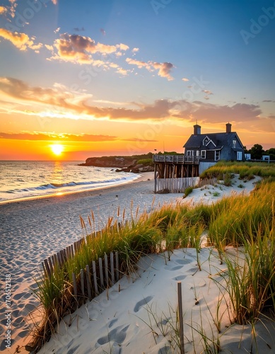 Beach house at sunset, sandy dunes