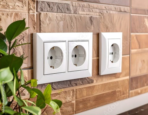 White electrical outlets on a tiled wall, next to a plant