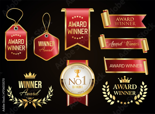 Award Winner emblem collection of gold laurel and gold emblem with text isolated on black background 