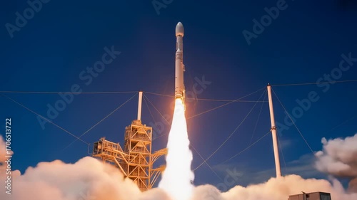Rocket launch with smoke and fire against blue sky, space exploration and technology concept