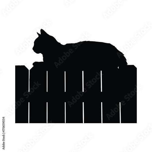 Vector art of silhouette of a cat sitting on a fence