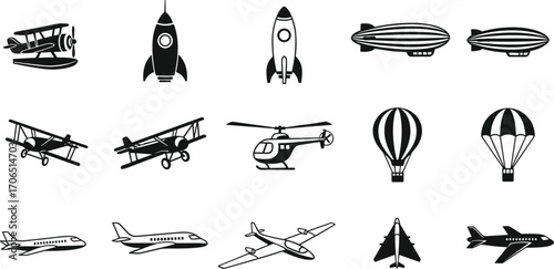 Aircraft and air vehicle icons vector illustration, aviation transportation design set, airplane rocket zeppelin helicopter hot air balloon graphic clipart
