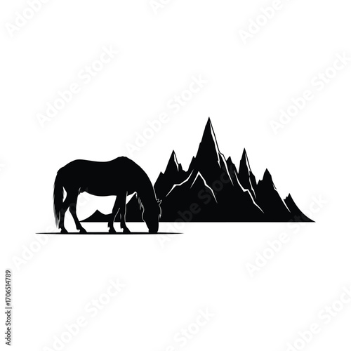 Vector art of silhouette of a horse grazing with mountains