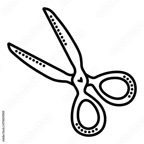 Decorative scissors with dots and heart, black line icon, editable stroke, vector outline monochrome shears sign for gardening, hairdressing and sewing