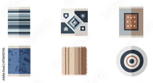 A collection of six flat design rug icons with various striped, geometric, and circular patterns.