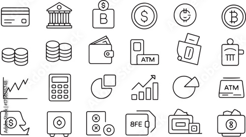 Finance and banking icons credit card coins bank atm calculator graph wallet safe bitcoin bank building