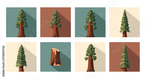 A collection of stylized giant sequoia and redwood tree icons in a modern flat design with long shadows.