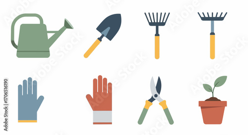 A colorful flat vector icon set of essential gardening tools, including a watering can, trowel, rakes, gloves, shears, and a potted seedling.