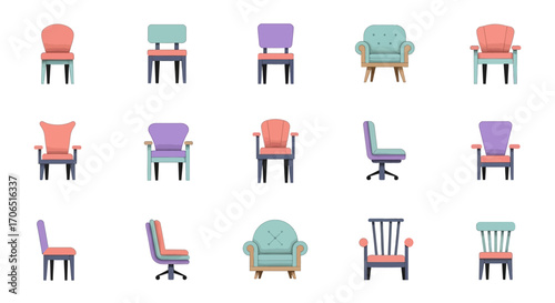 A diverse collection of colorful flat design chairs, including armchairs and office seating, presented in various styles and angles.