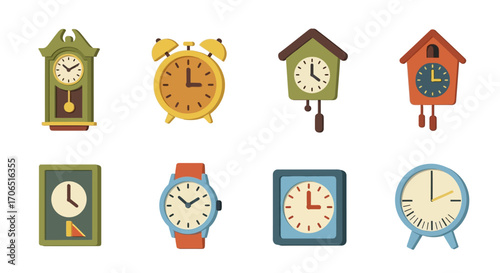 A diverse collection of colorful illustrated clocks, including vintage pendulum, cuckoo, and alarm clocks.