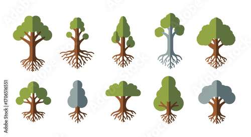 A diverse collection of stylized flat design trees with intricate, visible brown root systems.