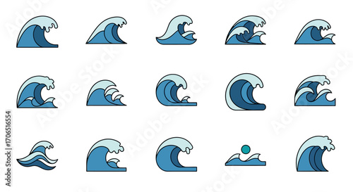 A diverse collection of stylized blue ocean wave icons, featuring various cresting shapes and white seafoam details.