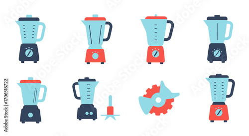A vibrant collection of electric kitchen blenders and mixers, illustrated in a modern flat design style.