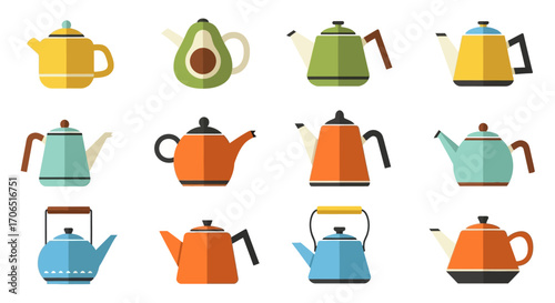 A vibrant collection of flat design teapots and kettles in assorted colors and modern styles.