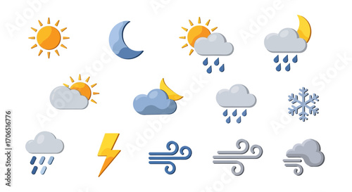 A vibrant collection of stylized weather forecast icons, featuring sun, moon, clouds, rain, snow, and wind symbols.