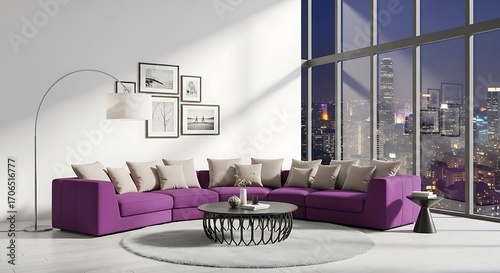 Modern purple sectional sofa with contemporary coffee table in stylish living room design