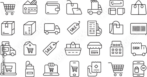Shopping icons cart credit card wallet delivery truck sale tag store receipt cash laptop phone
