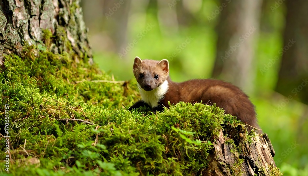 Obraz premium A small marten resting on mossy forest floor