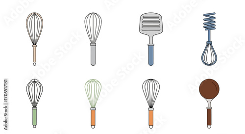 Assorted Kitchen Utensils - Whisk, Spatula, and Dough Scraper Illustrations.
