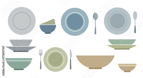 Assorted Plates, Bowls, Spoons, Fork, and Knife Flat Vector Illustration.