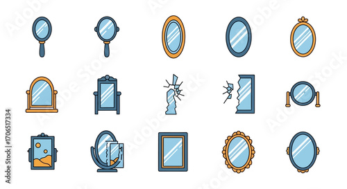 Assortment of Decorative Mirrors in Various Shapes and Styles, Vector Illustration.