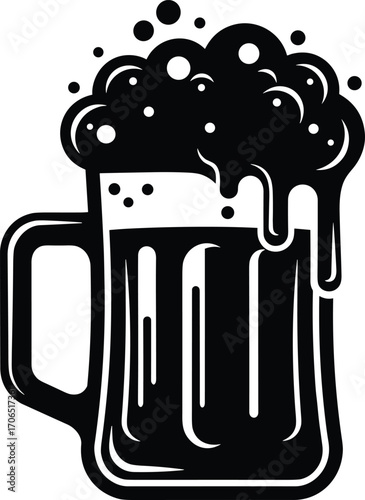 Beer mug silhouette vector illustration, frothy drink icon, pub beverage design, alcohol glass symbol, bar celebration graphic, overflowing foam beer clipart