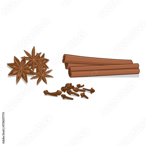 Vector illustration of aromatic spices including cinnamon sticks, clove buds, and star anise pods. Perfect for culinary, herbal, and beverage design projects.