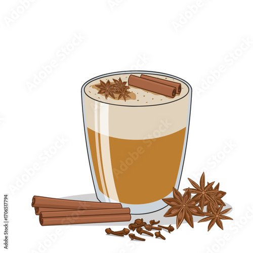 Vector illustration of masala chai latte in a glass cup, topped with light foam and cinnamon stick garnish, traditional spiced Indian tea drink.