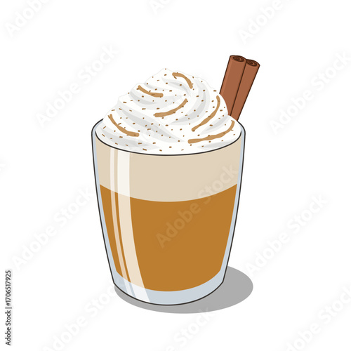 Vector illustration of a glass of latte topped with whipped cream, sprinkled with cinnamon powder, and garnished with cinnamon sticks. Isolated on white background