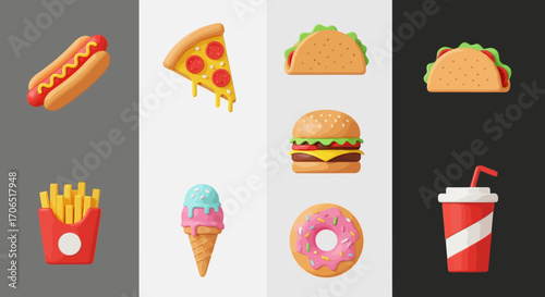 Collection of 3D stylized fast food icons with a smooth, plasticine texture.