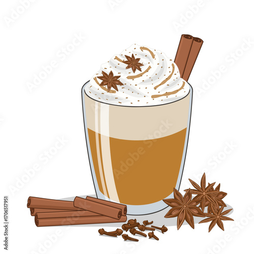 Vector illustration of masala chai latte in a glass cup, topped with light foam, star anise, clove and cinnamon stick garnish, traditional spiced Indian tea drink.