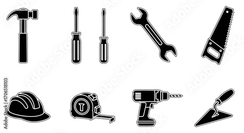 Collection of Black Silhouetted Construction and Repair Tools.