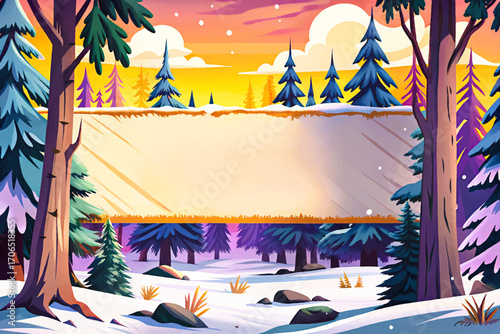 Huge white promotional banner in snowy forest clearing illustration vector, wilderness background, outdoor rustic surface, solitude scenic horizon, creative mockup design, dramatic minimal object
