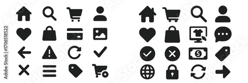 Collection of black icons representing various digital activities and user interface elements commonly found in applications and websites