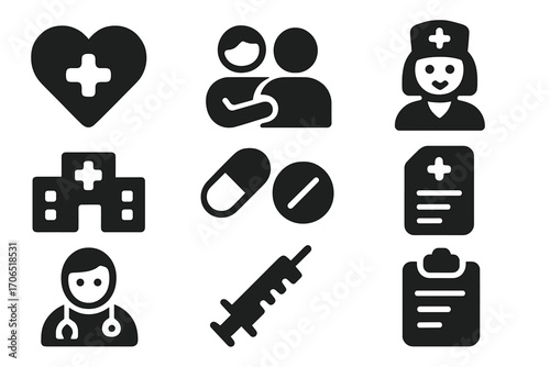 Health and medical care icons depicting various aspects of healthcare in a modern context for informative use