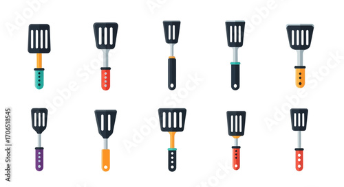 Collection of Colorful Flat Spatulas with Various Handles.