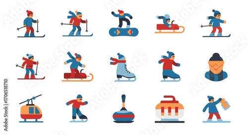 Collection of Colorful Flat Vector Illustrations Depicting Winter Sports Activities.