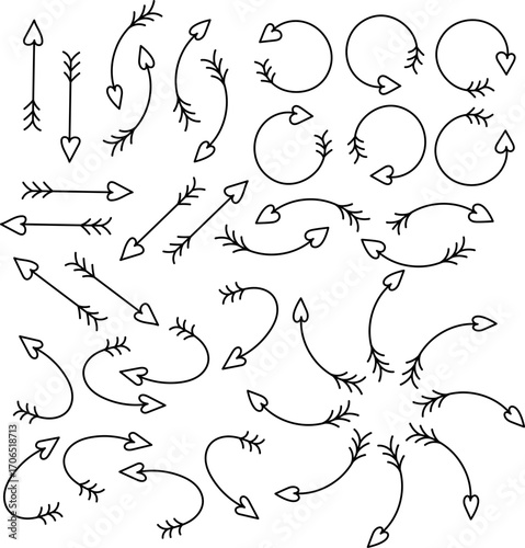 Hand drawn arrow vector icons set. Sketch arrow design for business plan and education. Set of arrows black icons. Circle arrows, rotate arrow, redo process symbol with vector file