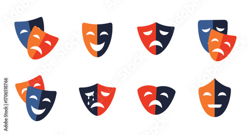 Collection of Colorful Theatrical Masks Representing Joy and Sadness.
